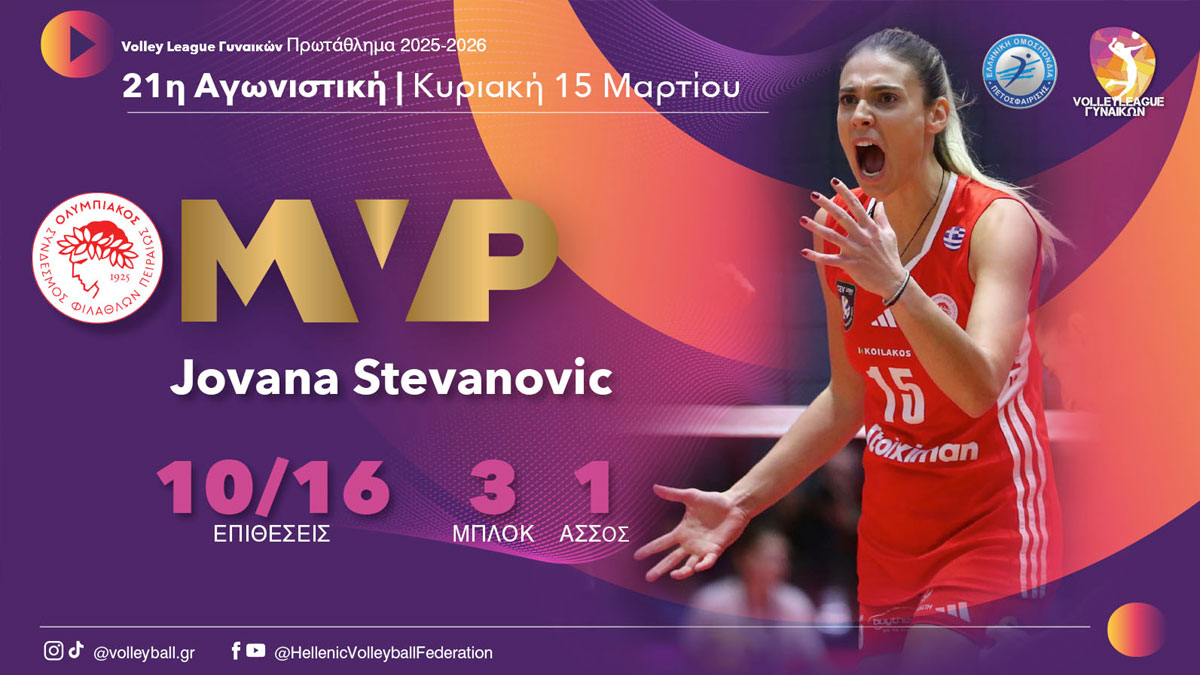 Volley League γυναικών: MVP η Στεβάνοβιτς